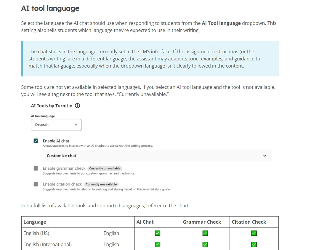 Turnitin Clarity AI 工具語言設定