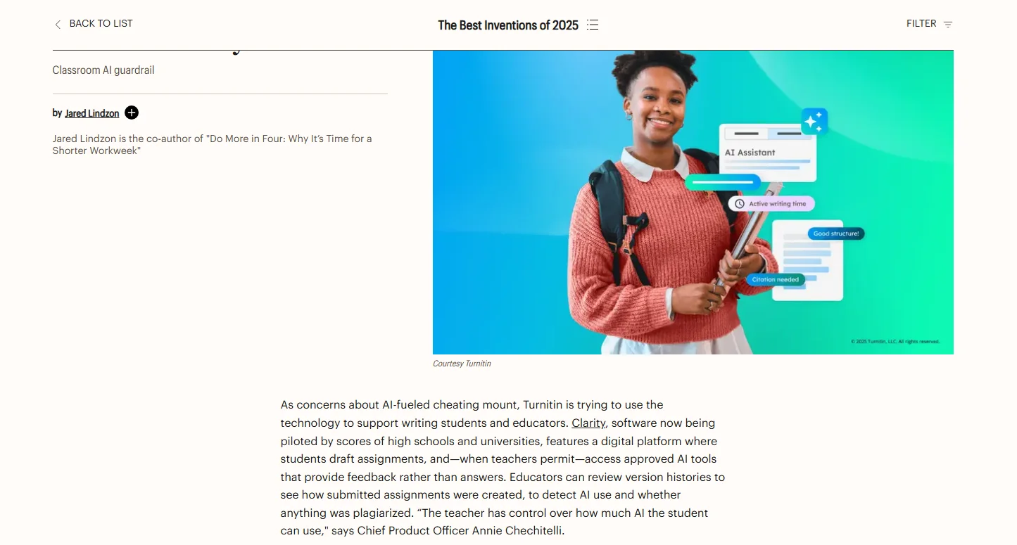 Turnitin Clarity 被評為《時代》週刊 2025 年最佳發明之一